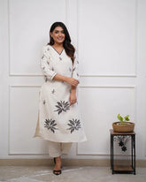 Women's Viscose Floral Embroidered Straight Kurta Set With Pant-ME72 whitectn-KP